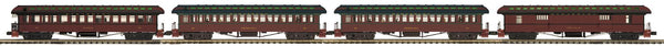 20-62102 - O Scale Premier Strasburg 4-Car 64’ Woodsided Passenger Coach Set