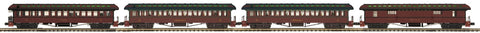 20-62102 - O Scale Premier Strasburg 4-Car 64’ Woodsided Passenger Coach Set
