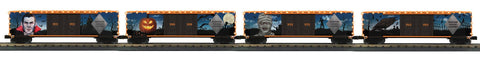 30-70149 - O Gauge RailKing Halloween 4-Car 50’ Double Door Plugged Boxcar Set With LED Lights Set