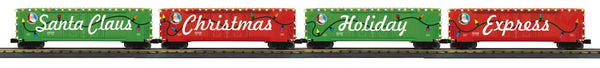 30-70151 - O Gauge RailKing Christmas 4-Car 50’ Double Door Plugged Boxcar Set With LED Lights Set