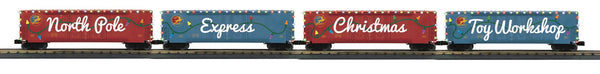 30-70152 - O Gauge RailKing North Pole 4-Car 50’ Double Door Plugged Boxcar Set With LED Lights Set