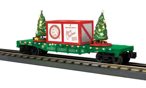 30-76773 - Slightly USED Flat Car w/Lighted Christmas Trees - Christmas (Green) Car No. 1202