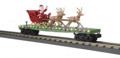 30-76918 - Christmas 2024 Green Flat Car w/LED Lights, Santa Sleigh & Reindeer