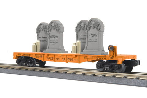 30-76926 - O Gauge RailKing Halloween Flat Car w/Headstones & Flickering Lighted Candles