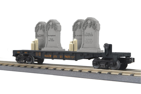 30-76927 - O Gauge RailKing Halloween Flat Car w/Headstones & Flickering Lighted Candles