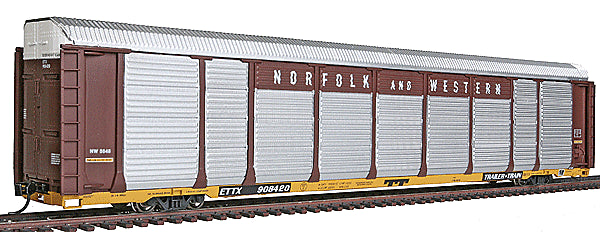 920-101409 - 89' Thrall Enclosed Tri-Level Auto Carrier - Ready to Run -- Norfolk & Western ETTX #908420 (brown Rack, yellow Trailer-Train Flat